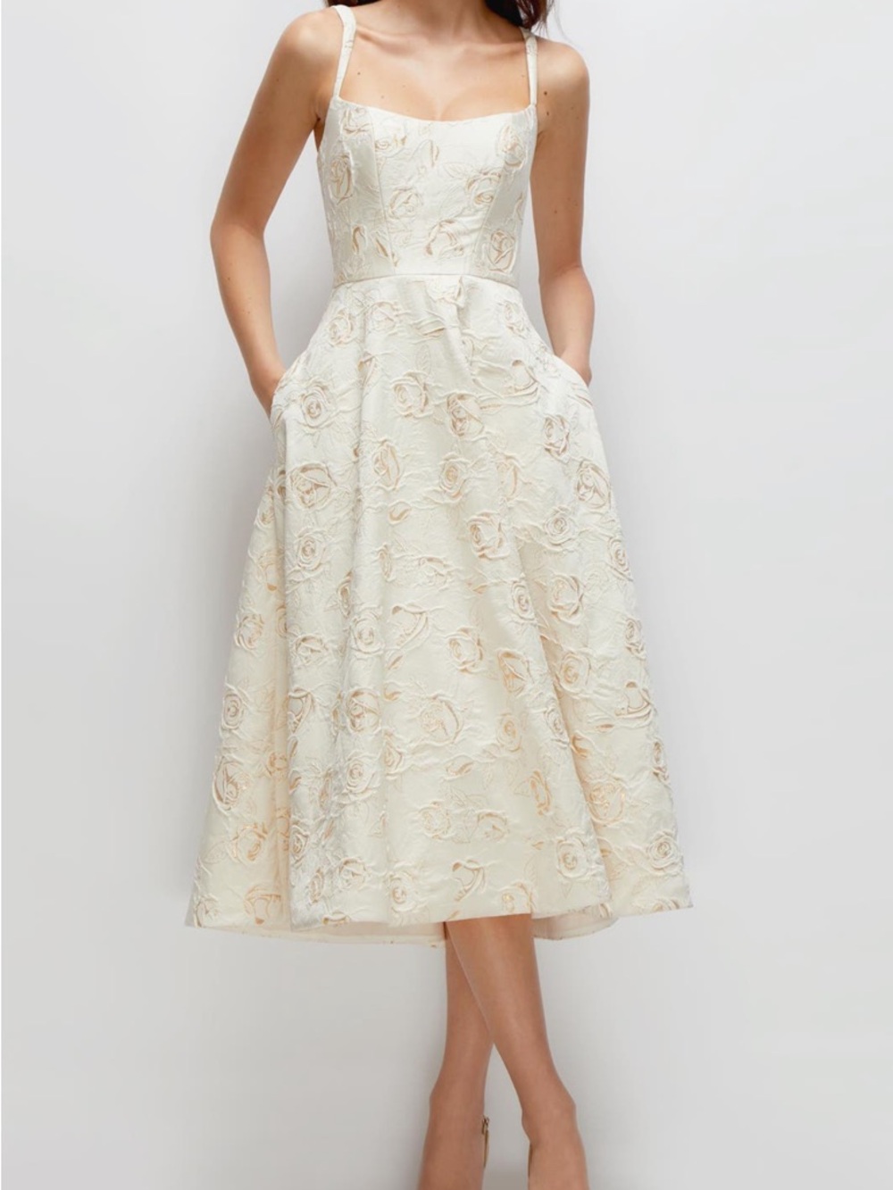 Ivory Floral A-Line Midi Dress with Spaghetti Straps